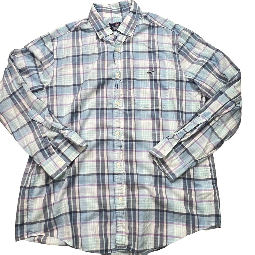Vineyard Vines Shirt Mens Large Blue Purple Plaid Tucker Whale Logo